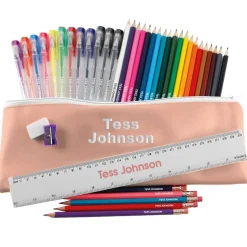 Named Jumbo Gel Pen & Pencil Case Set - Dusky Pink