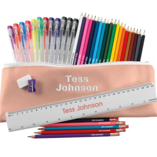 Named Jumbo Gel Pen & Pencil Case Set - Dusky Pink